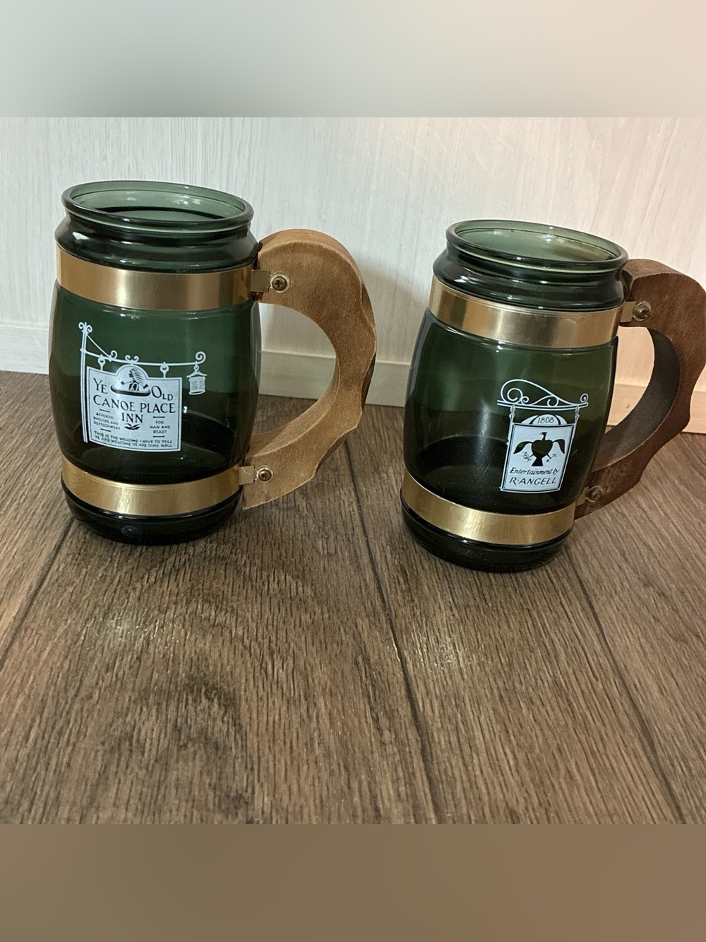 Siesta Ware Vintage Green Glass Beer Mugs with Wooden Handles - Set of 2
